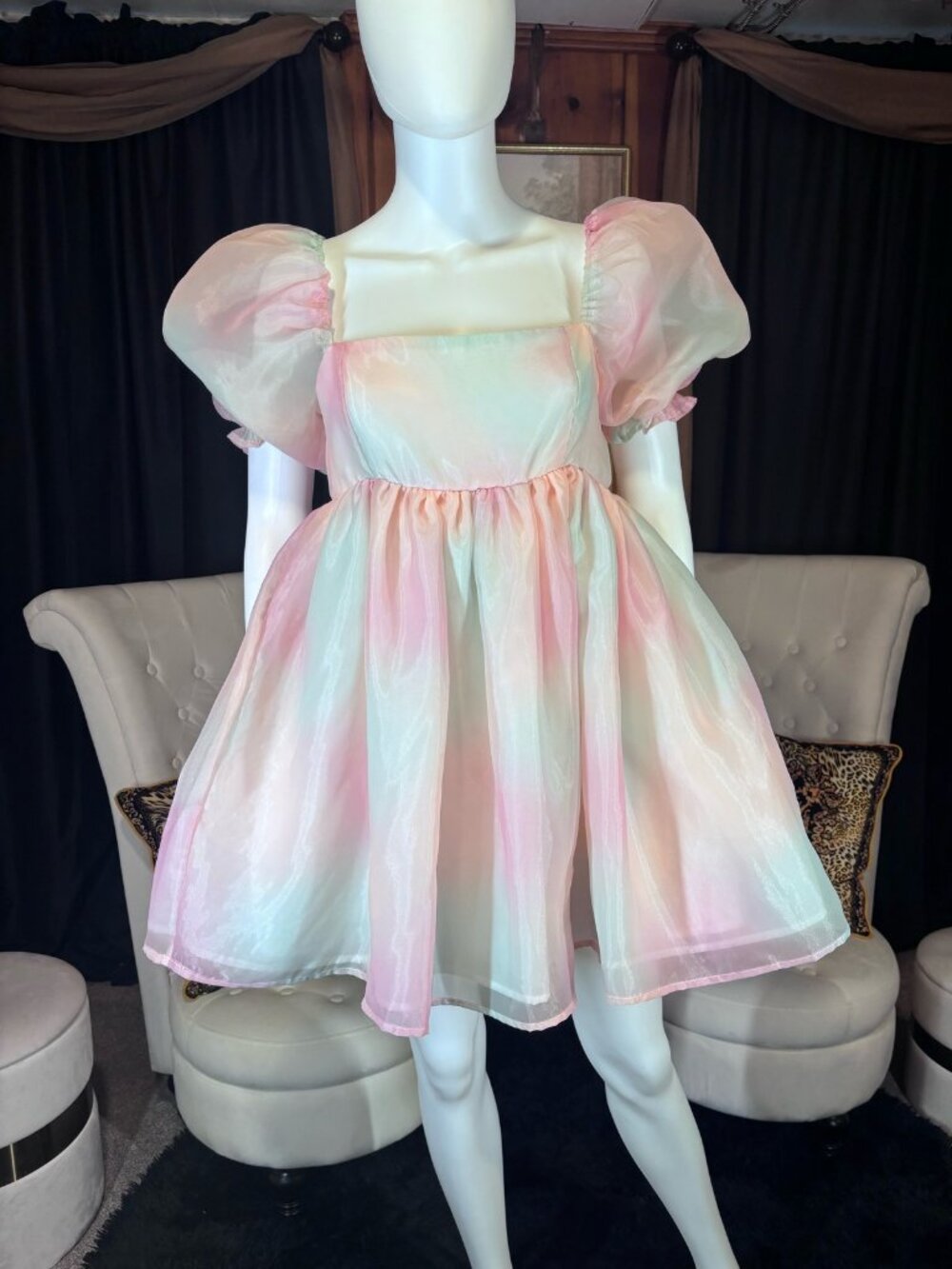 Sherbet Ombre Organza Puff Sleeve Babydoll Dress